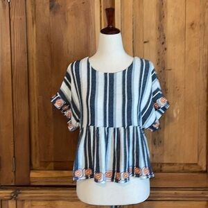 J.O.A. Anthropologie Cropped Peplum Striped embroidered Blouse Sz. S